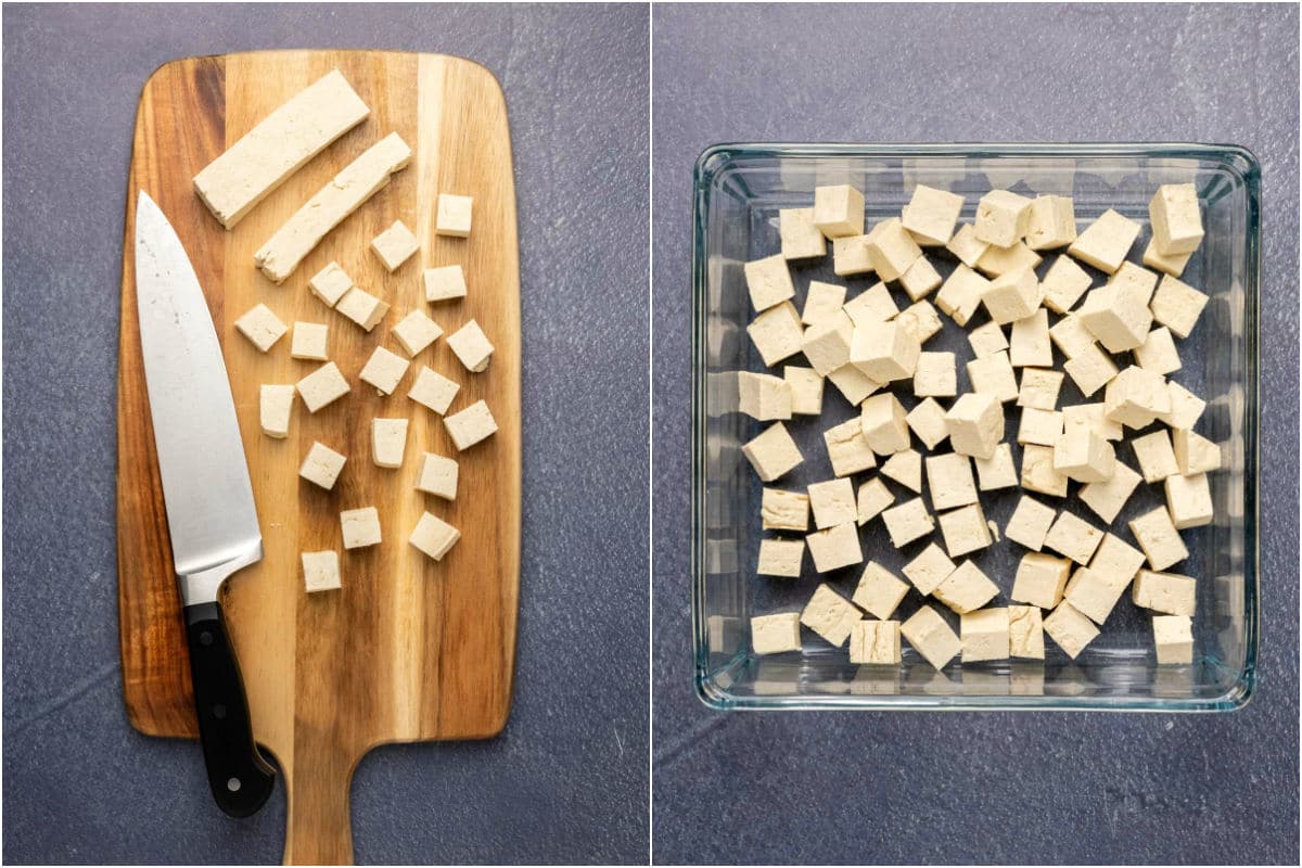Tofu cut into cubes and placed into a glass dish.