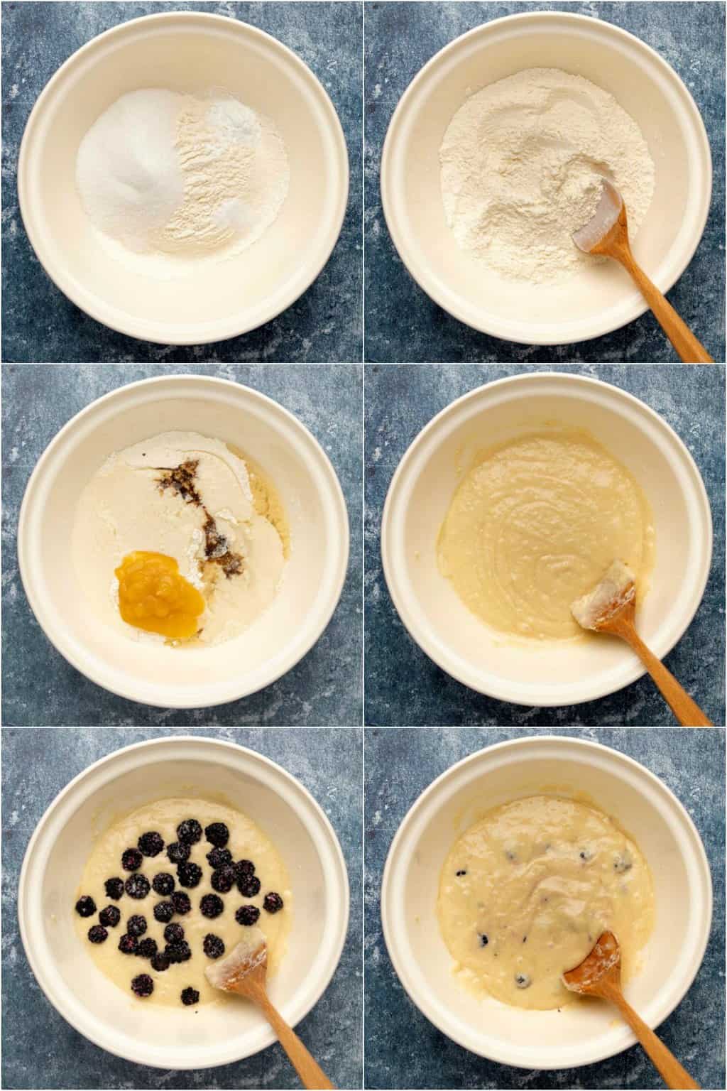Step by step process photo collage of making the batter for vegan blackberry muffins. 