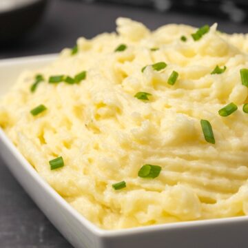 Vegan mashed potatoes in a white dish