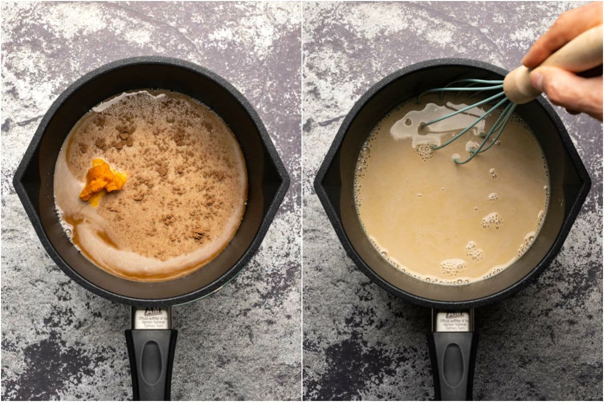 Collage of two photos showing ingredients for pumpkin spice latte added to saucepan and whisked together. 