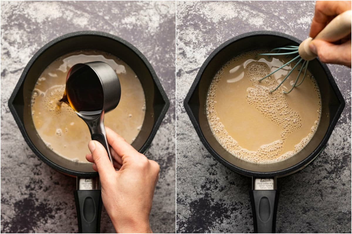 Two photo collage showing coffee added to saucepan and whisked in.