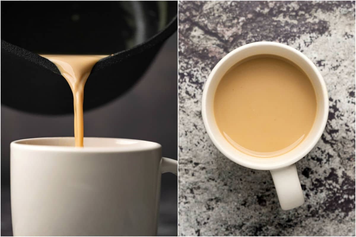 Two photo collage showing latte poured into mug.