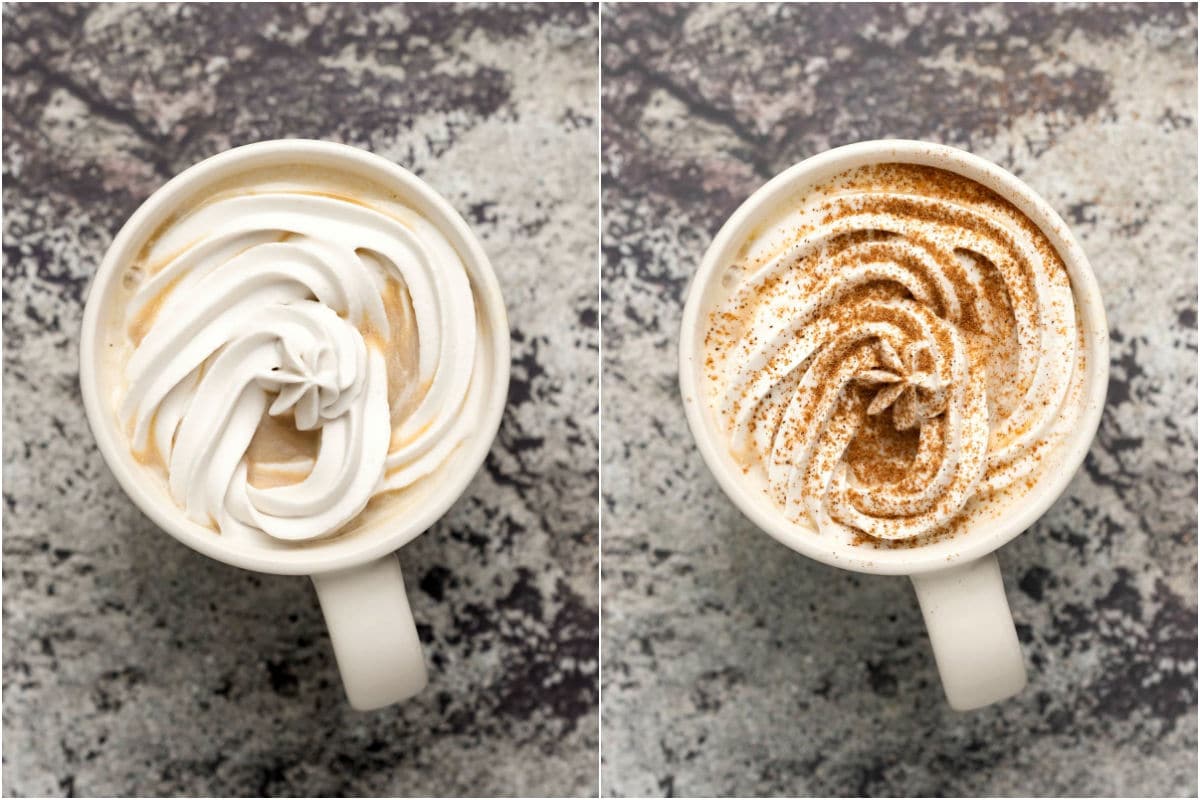 Two photo collage showing whipped cream added to latte and then pumpkin pie spice sprinkled on top.
