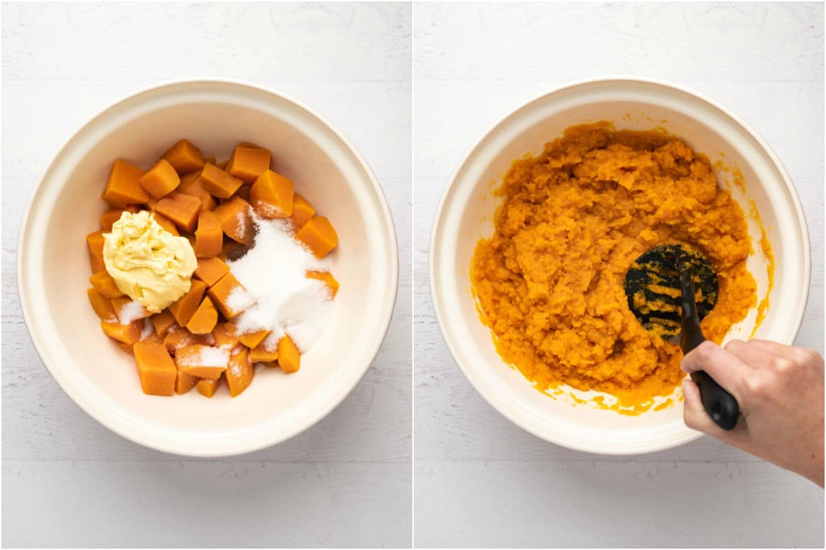 Two photo collage showing cooked sweet potato added to bowl with vegan butter, sugar, vanilla and salt and mashed.