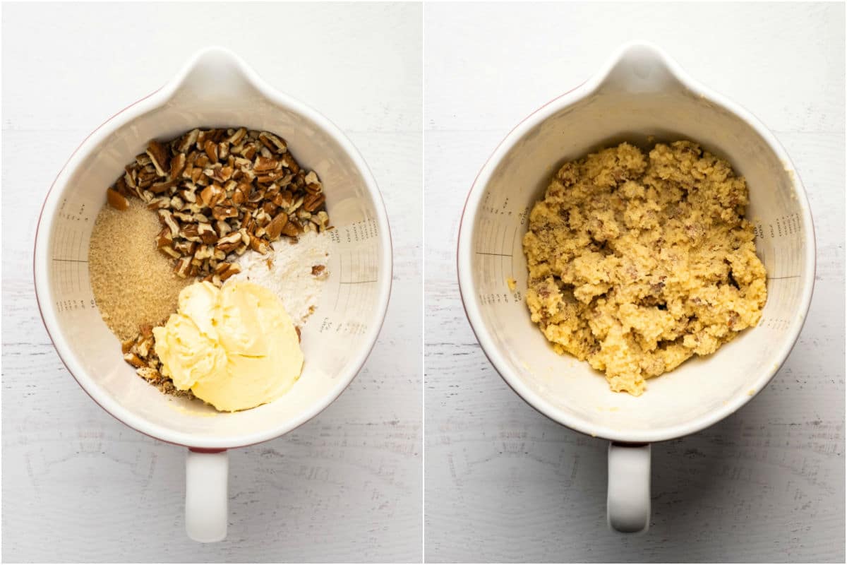 Two photo collage showing ingredients for streusel added to white bowl and mixed together.