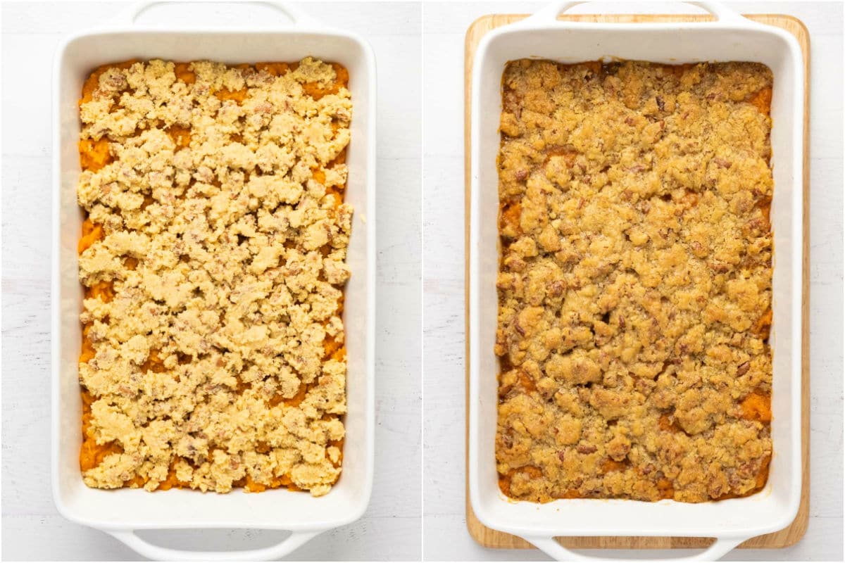 Two photo collage showing sweet potato casserole before and after baking.