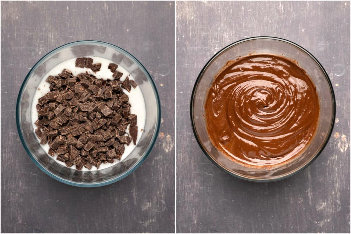 Vegan condensed milk and chopped chocolate added to microwave safe bowl and melted. 