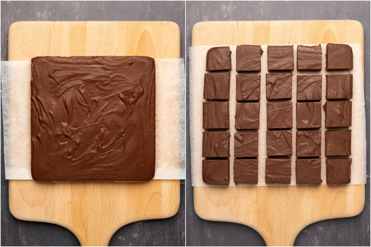 Block of fudge lifted out of dish and cut into squares.
