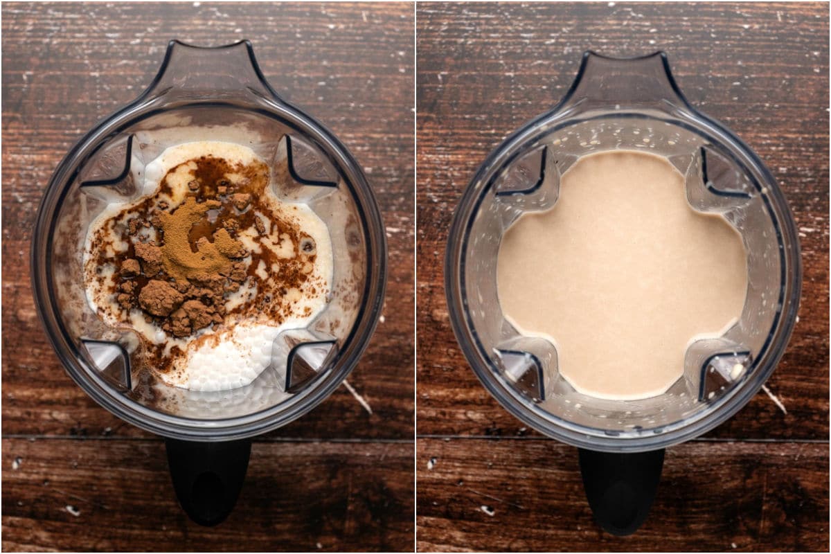 Two photo collage showing cocoa powder, instant coffee and vanilla added to blender jug with coconut milk, sugar and whiskey and blended until smooth.