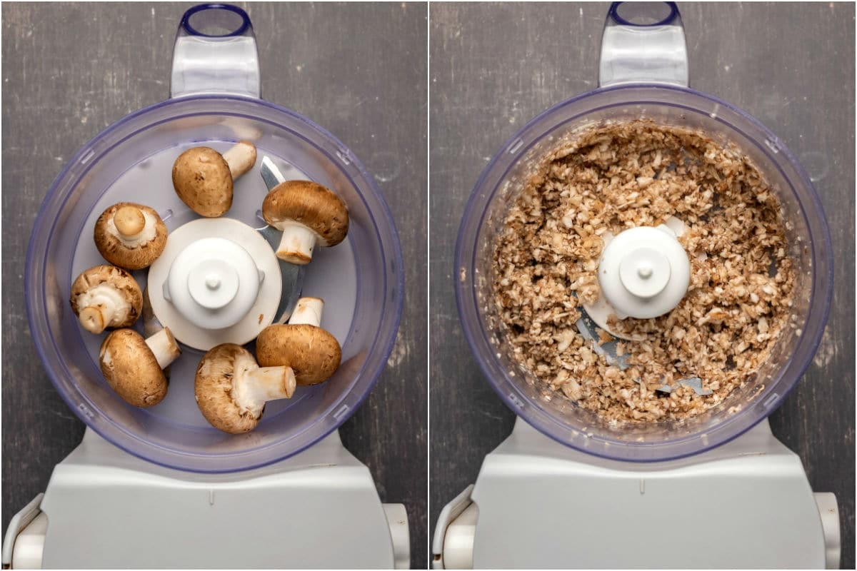 Two photo collage showing cremini mushrooms added to food processor and processed until finely chopped.