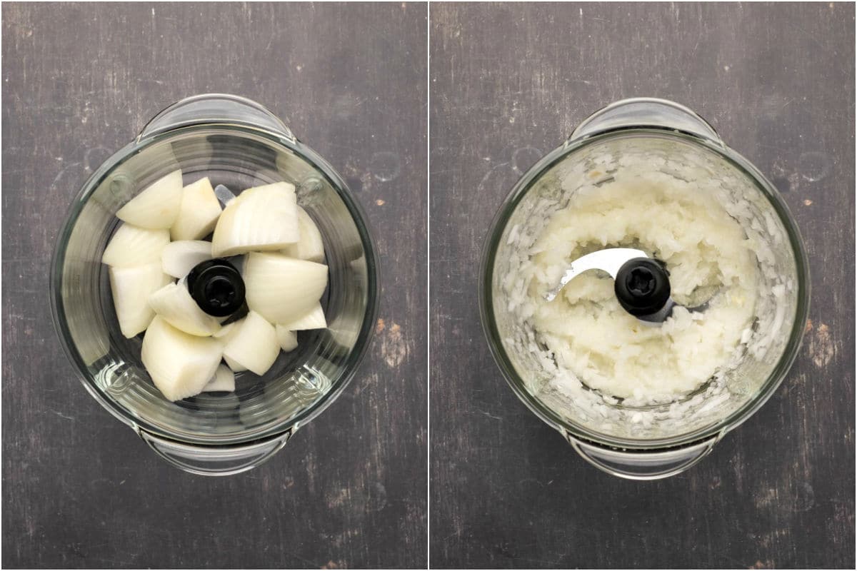 Two photo collage showing onion added to food processor and processed until finely chopped.