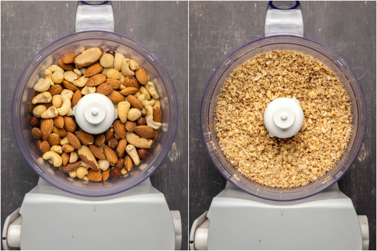 Two photo collage showing mixed nuts added to food processor and processed until finely chopped. 