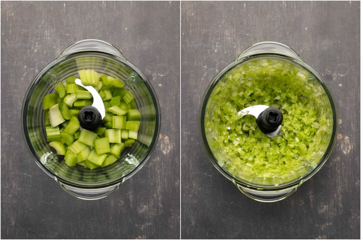 Two photo collage showing celery added to food processor and processed until finely chopped.
