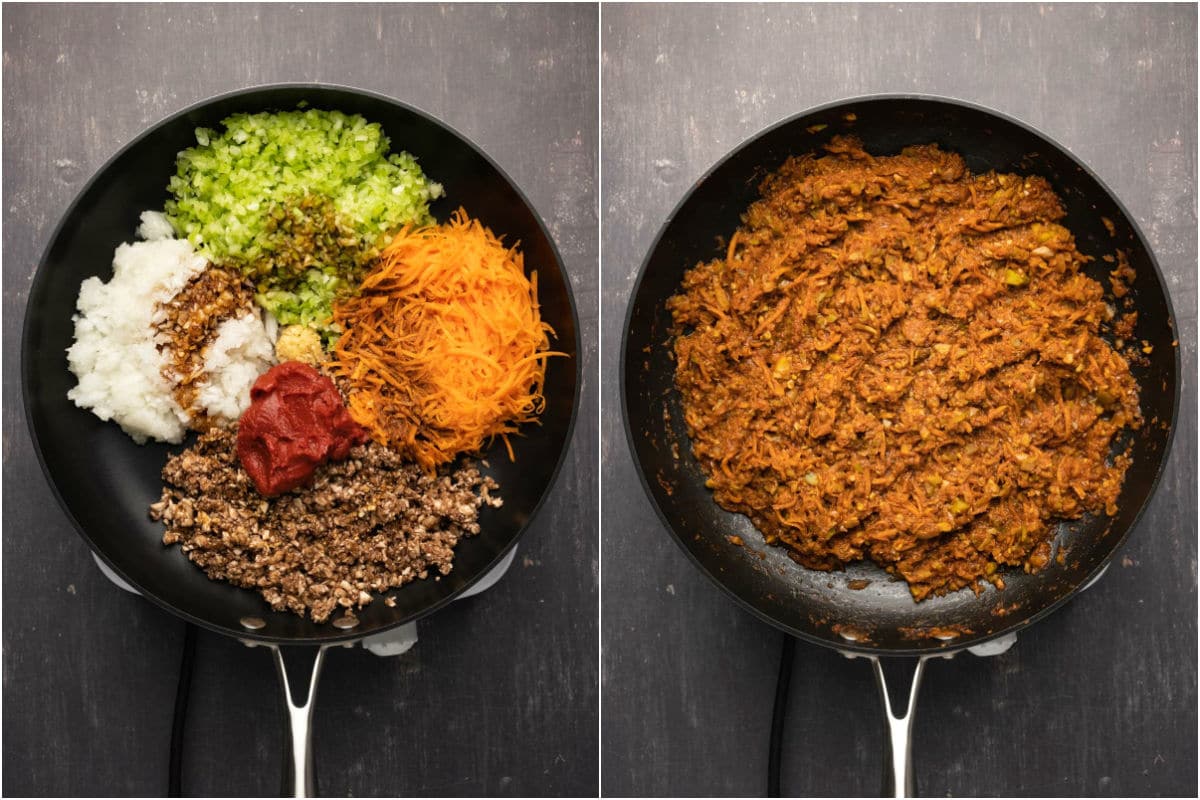 Two photo collage showing vegetables added to frying pan and sautéed.