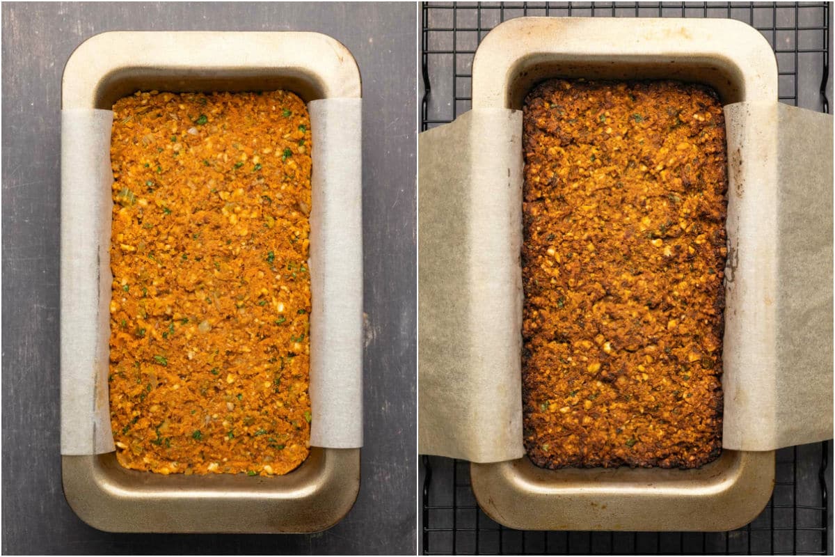 Two photo collage showing vegan nut roast in a loaf pan before and after baking.