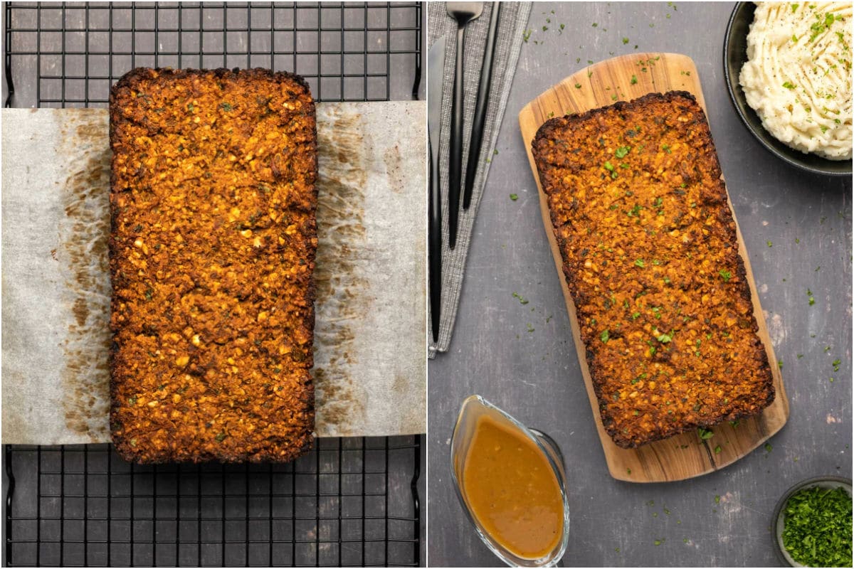Two photo collage showing vegan nut roast on a wire cooling rack and then on a wooden board ready to serve.