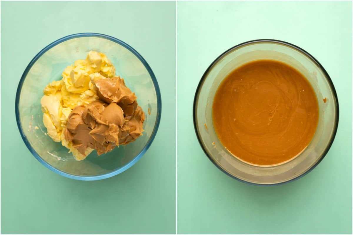 Collage of two photos showing vegan butter and peanut butter added to microwave safe bowl and microwaved until melted. 