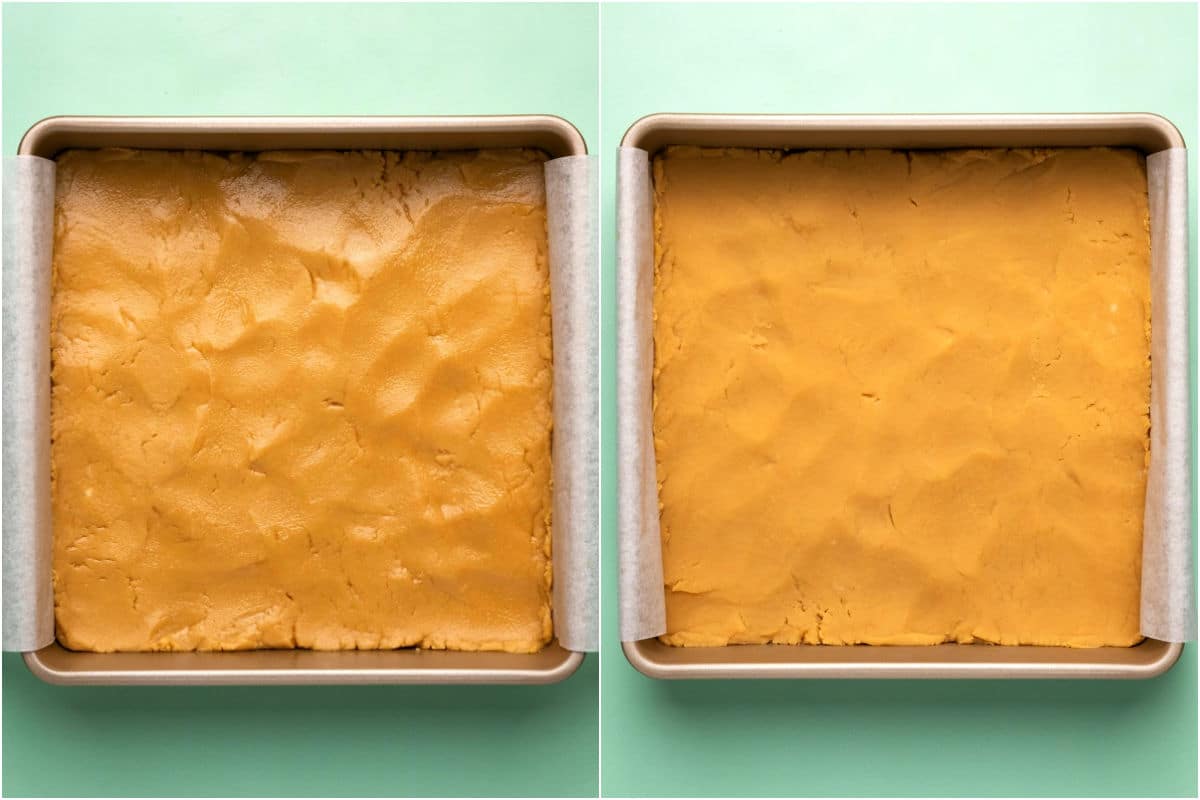 Two photo collage showing peanut butter fudge in a square baking pan and then set.