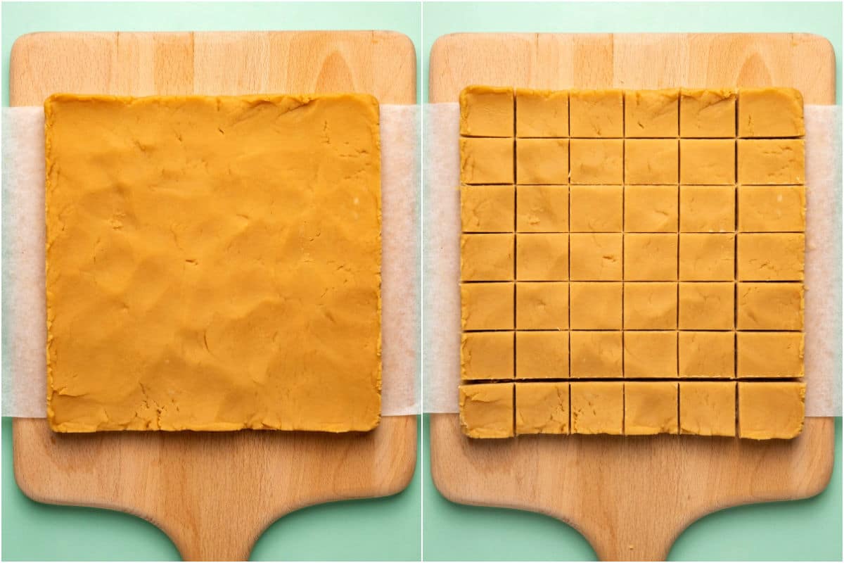 Two photo collage showing peanut butter fudge on a wooden cutting board and then cut into squares.
