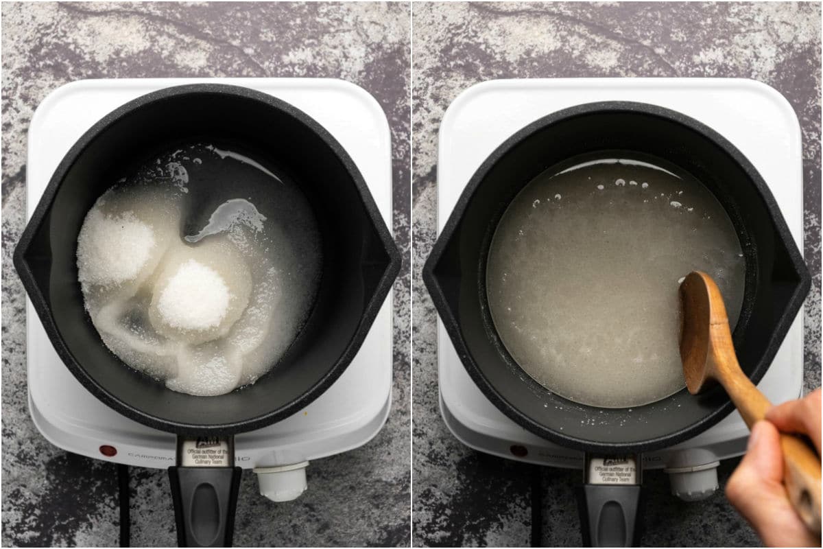 Collage of two photos showing white sugar and water added to a saucepan and stirred until melted.