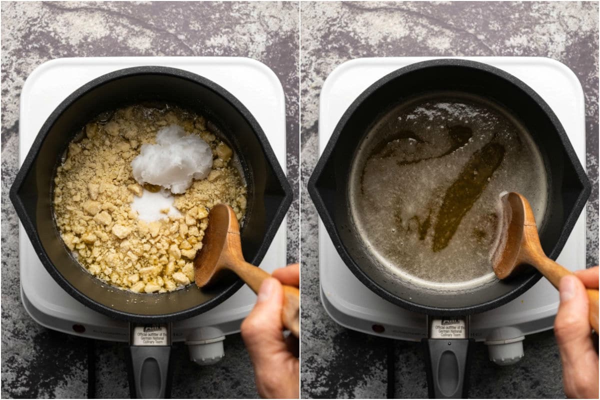 Collage of two photos showing cacao butter, coconut oil and salt added to saucepan and melted with the sugar and water.