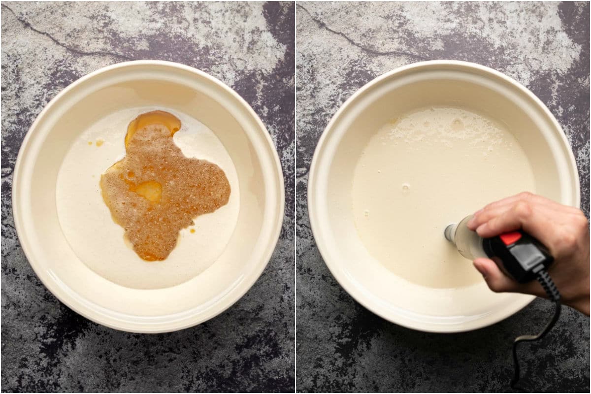 Two photo collage showing melted ingredients added to mixing bowl with the coconut and cashew milk and blended with an immersion blender.