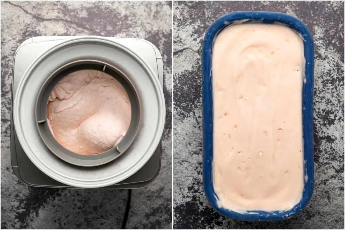 Two photo collage showing ice cream churned in an ice cream machine and then smoothed down into a loaf pan.