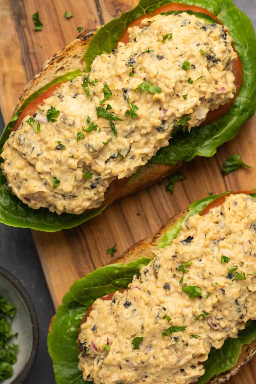 Vegan tuna with lettuce and tomato on bread. 