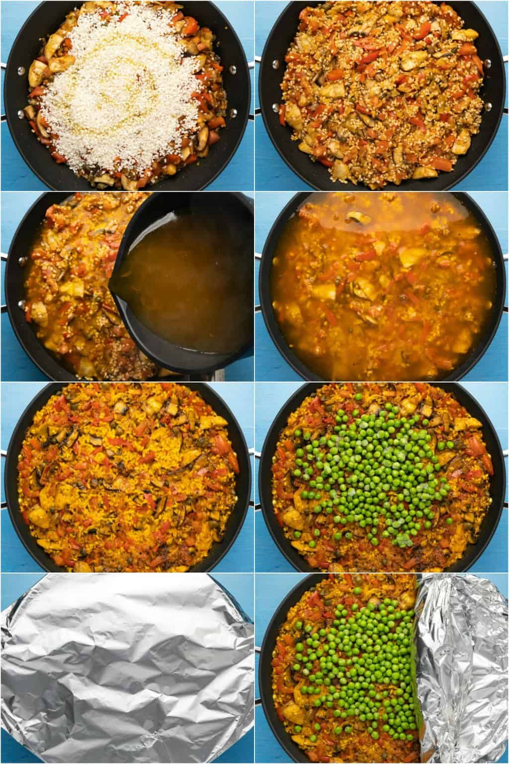 Step by step process photo collage of making vegan paella. 