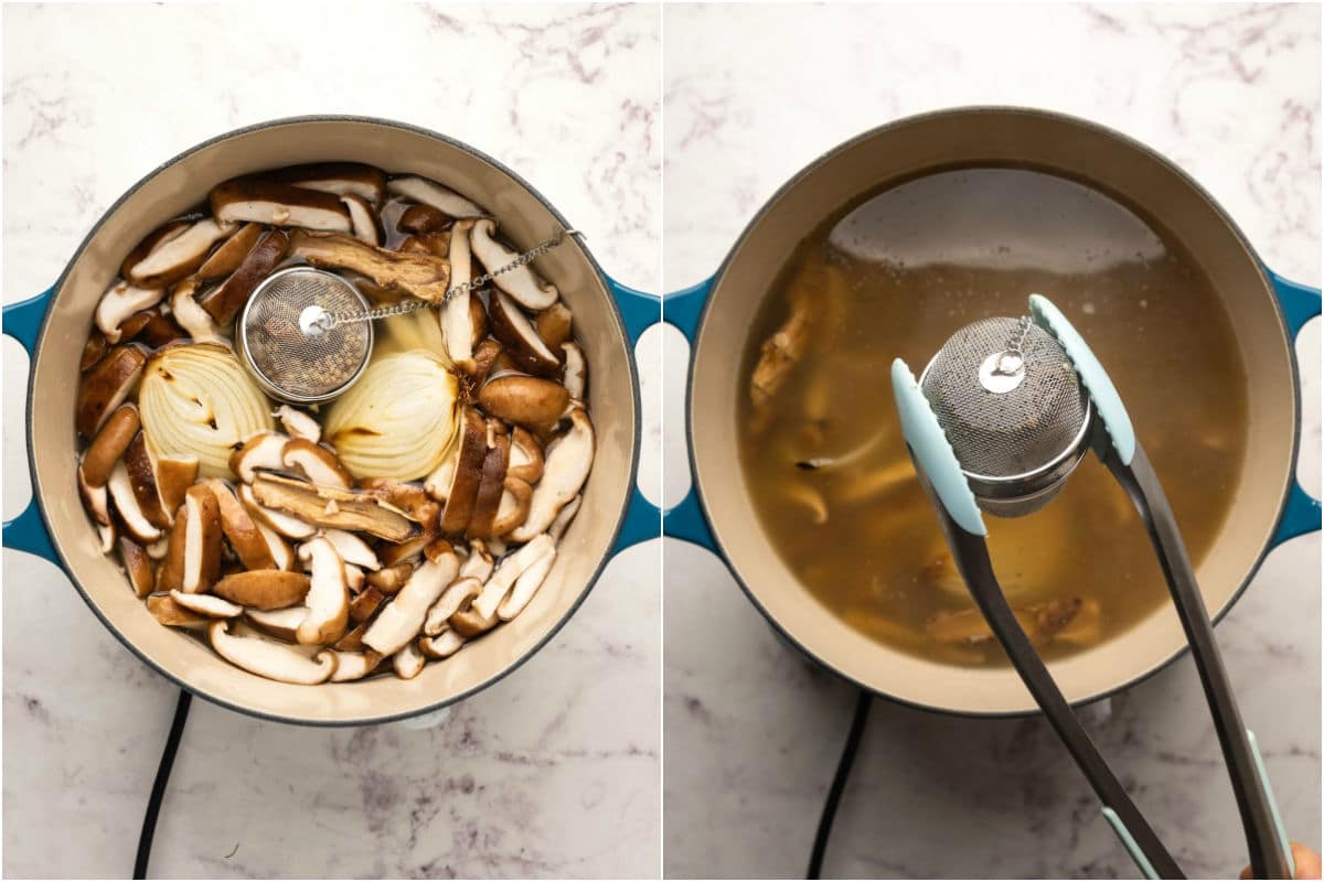 Vegetable stock, mushrooms, roasted onion and ginger added to pot with spice infuser and simmered for 30 minutes.