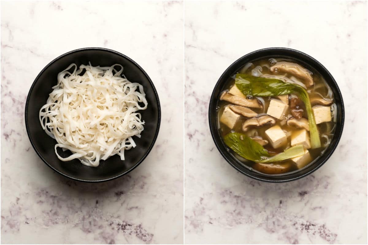 Noodles in a bowl and then topped with broth.