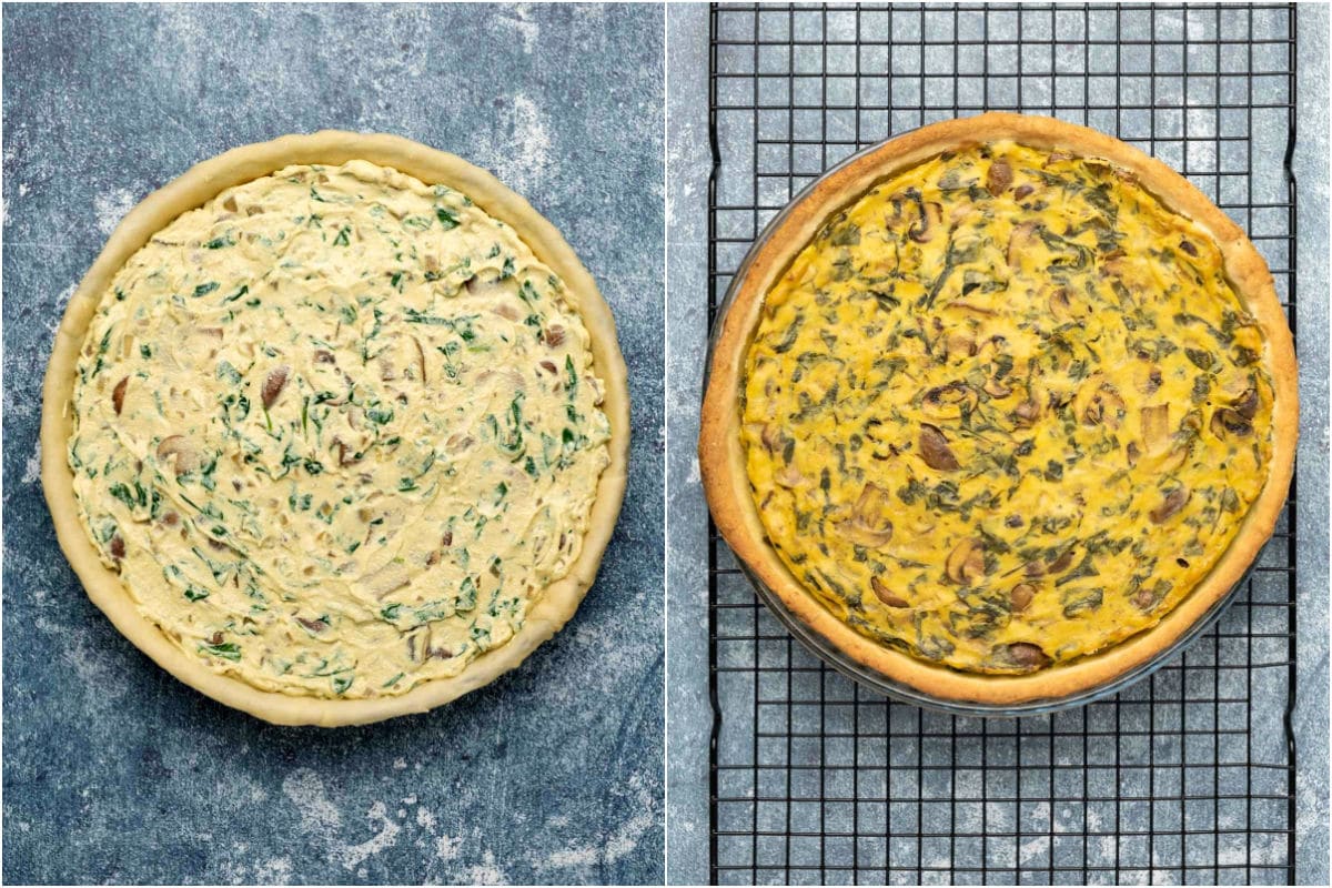 Two photo collage showing vegan quiche before and after baking.