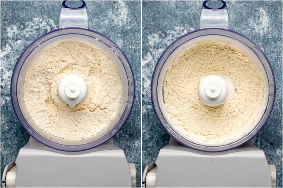 Two photo collage showing flour, sugar and salt added to food processor and processed until mixed. 
