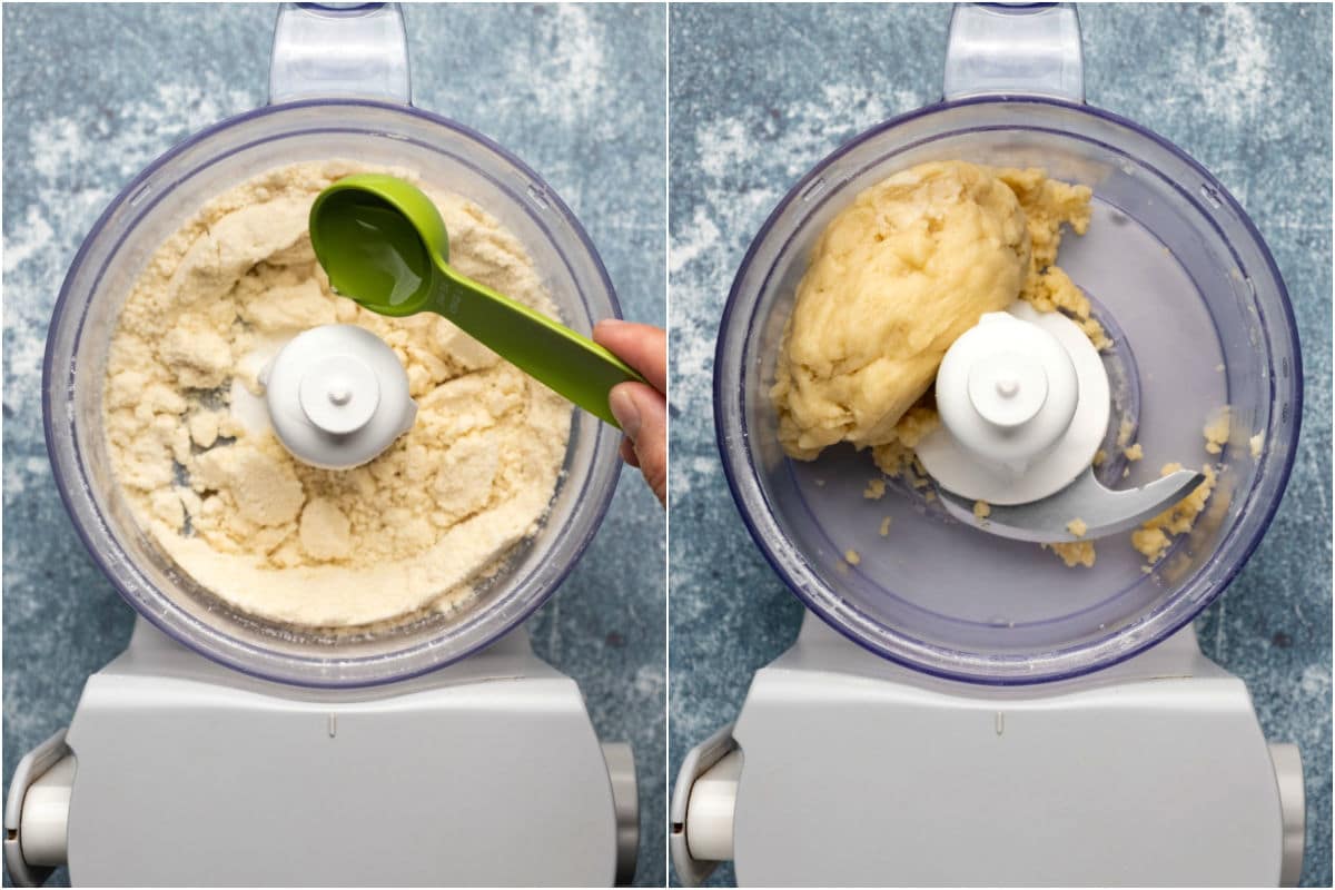 Two photo collage showing iced water added to food processor and processed into a dough.