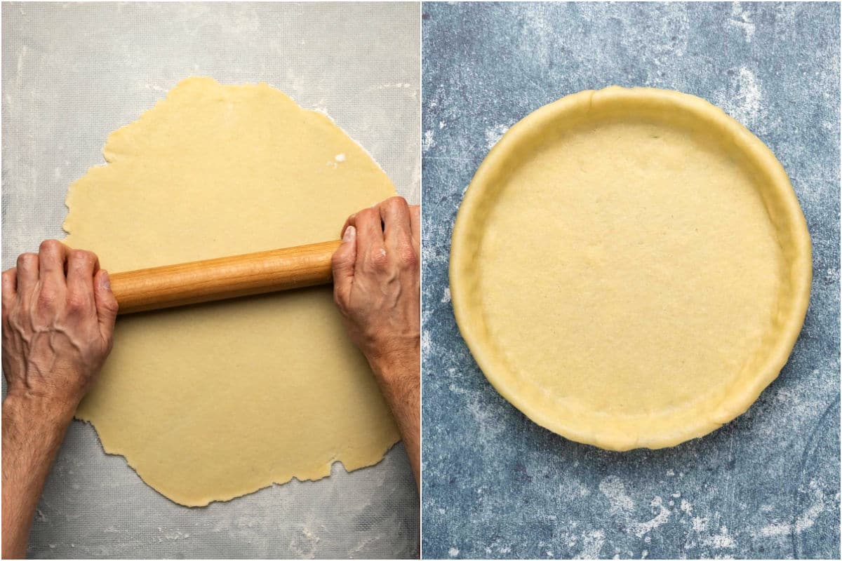 Two photo collage showing rolling out pie crust dough and placing it into a pie dish.