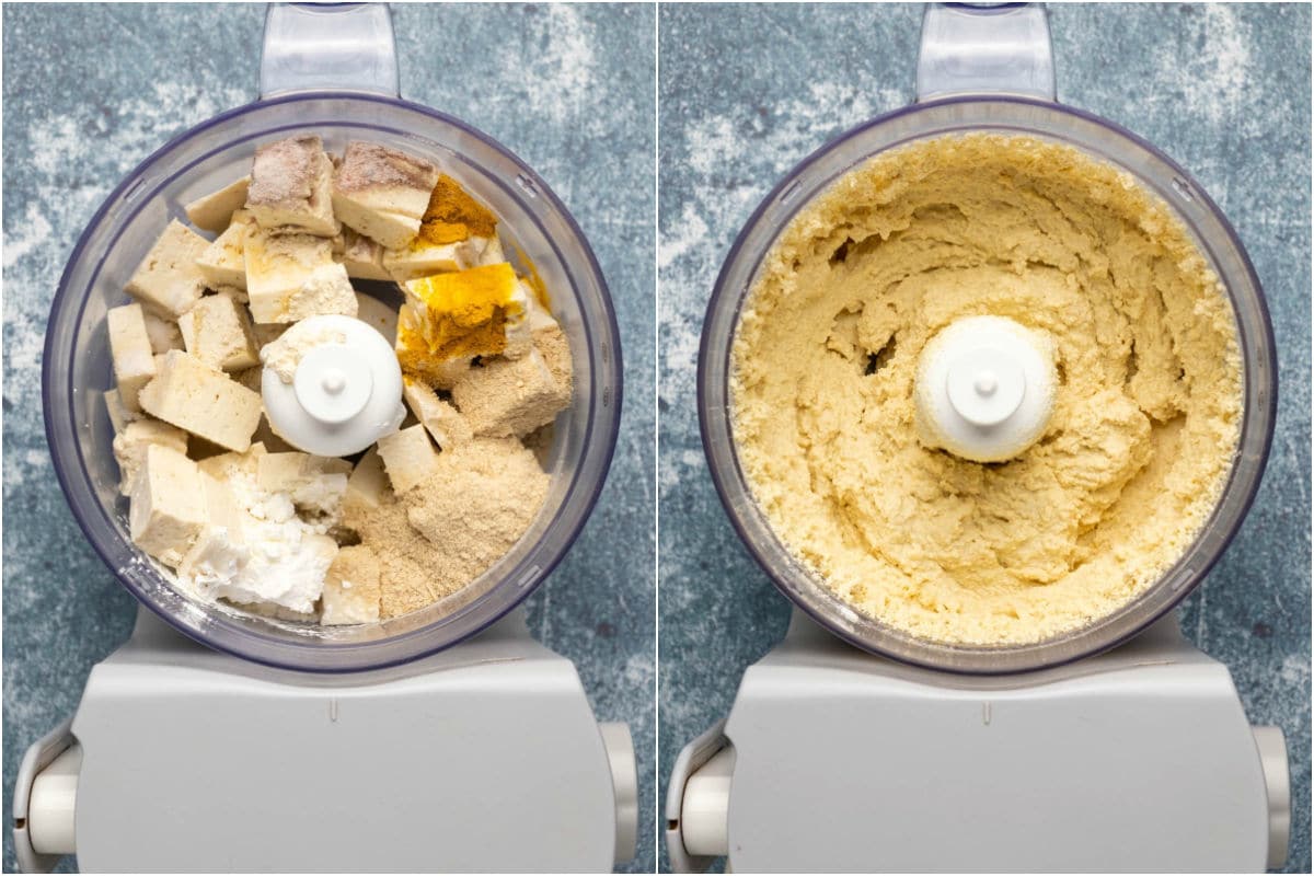 Two photo collage showing tofu and spices added to food processor and processed.