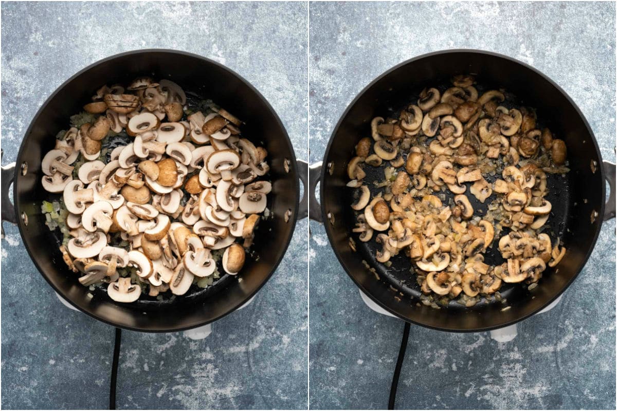 Two photo collage showing sliced mushrooms added to pot and sautéed until softened.