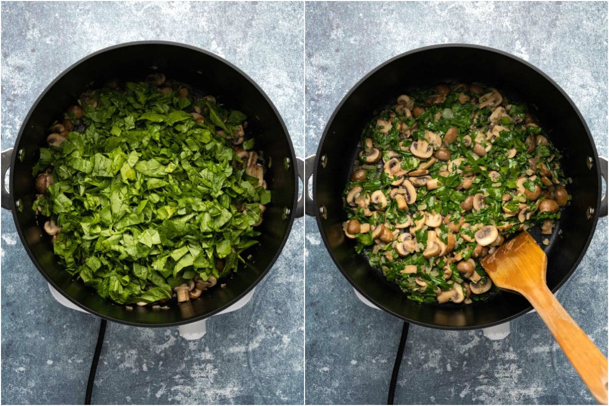 Two photo collage showing chopped spinach added to pot and mixed in until just wilted.