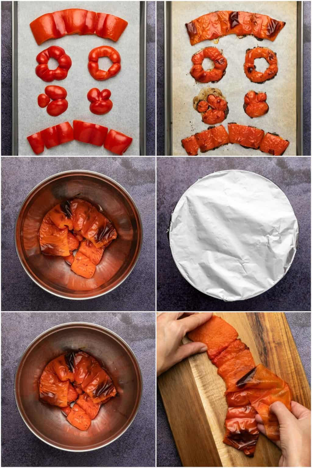 Step by step process photo collage of making roasted red peppers. 