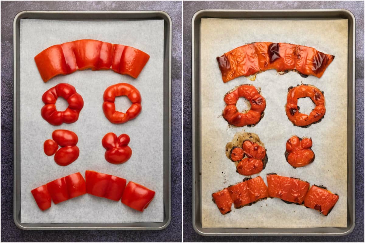 Sliced red bell peppers on a parchment lined baking sheet before and after baking. 
