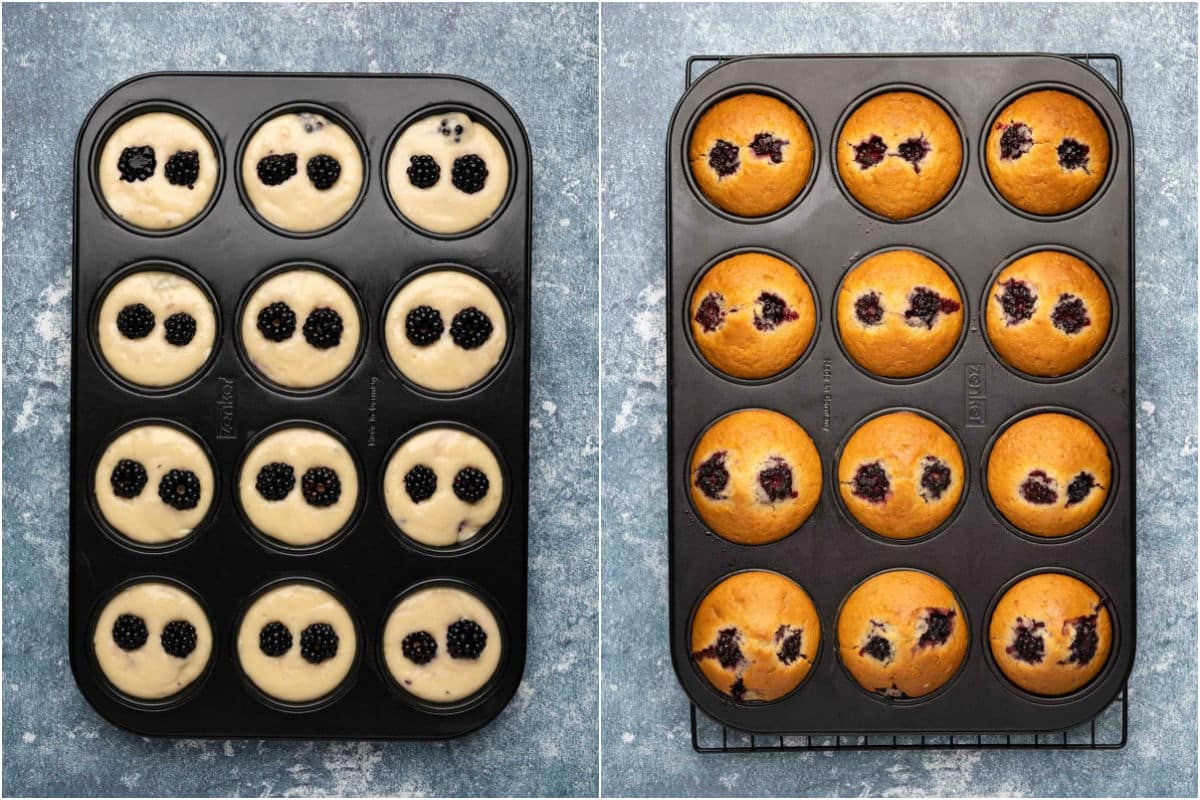 Blackberry muffins in a muffin tray before and after baking