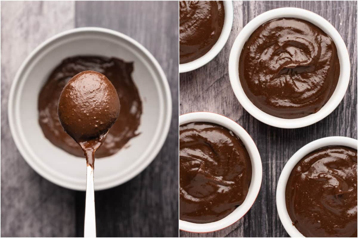 Chocolate mousse in a bowl and then divided up into ramekins.