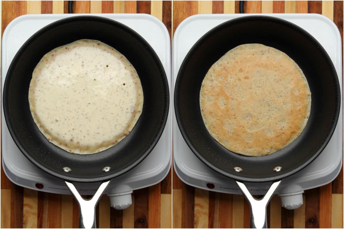 A vegan crepe cooking in a frying pan and then flipped.