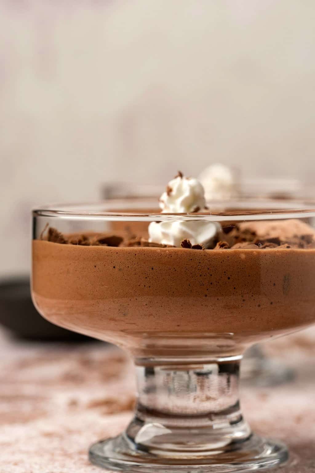 Vegan mousse in a glass serving dish. 