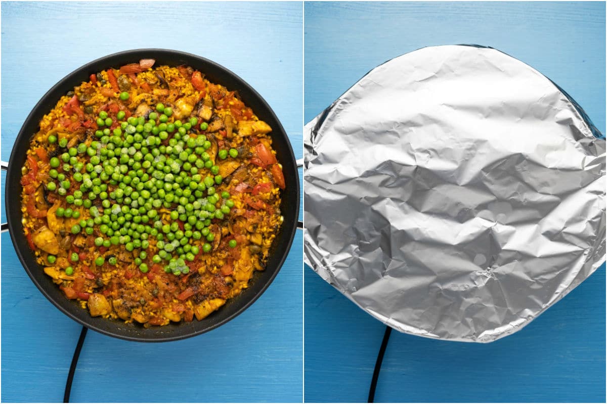 Thawed frozen peas added to pan and then covered with foil.