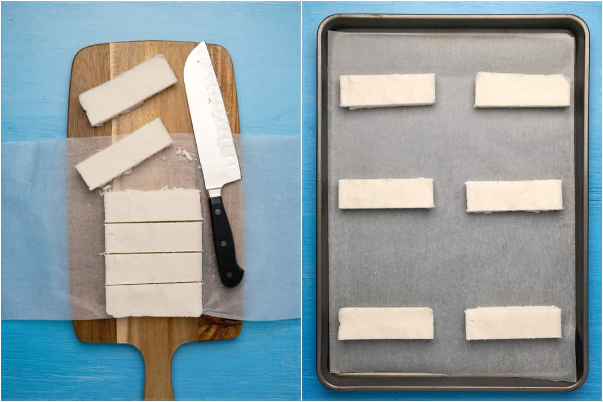 Cutting set coconut into 6 bars on a wooden cutting board and then placing them on a parchment lined tray.