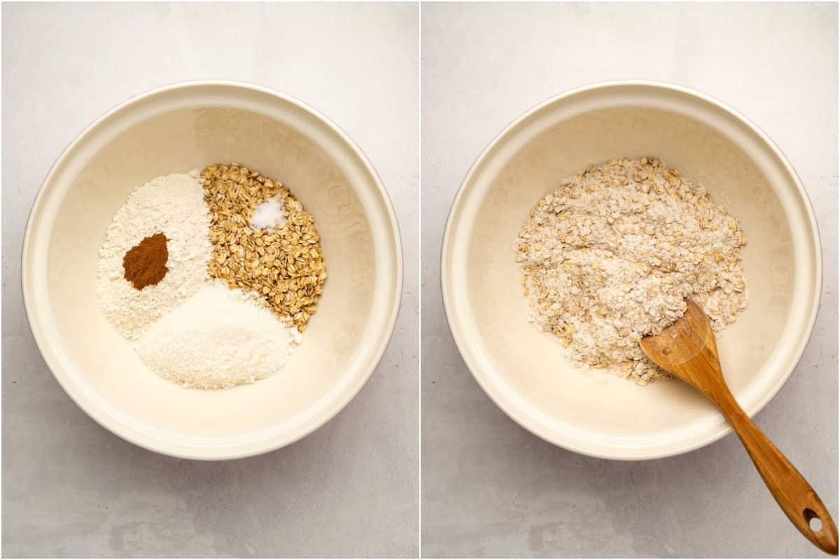 Flour, oats, coconut, cinnamon and salt added to mixing bowl and mixed. 