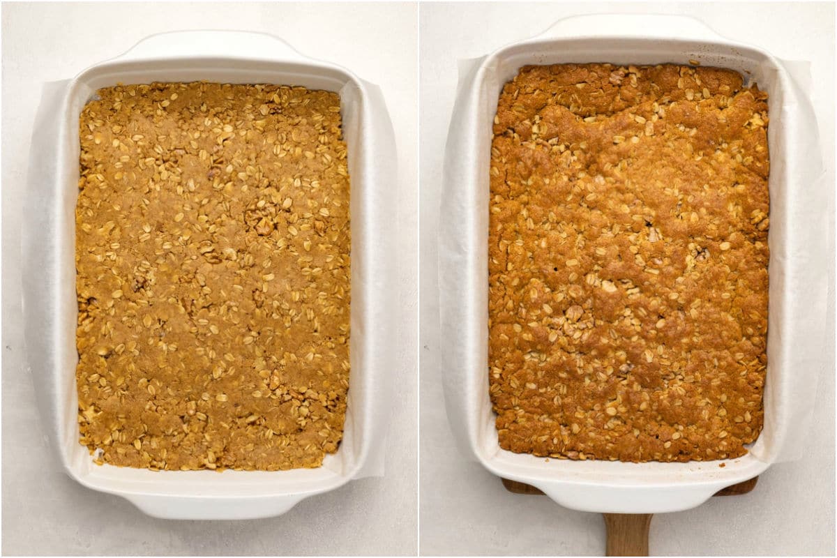 Oatmeal bars in a 9x13 baking dish before and after baking.