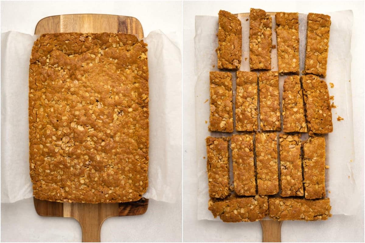 Oatmeal bars removed from baking dish and cut into bars.