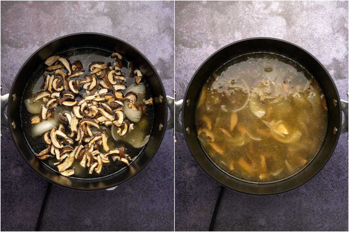 Vegetable stock and dried shiitake mushrooms added to pot and simmered.